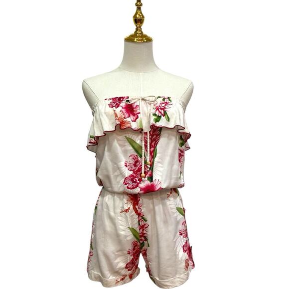 Vintage FAVANT Hawaii White & Red Tropical Floral Strapless Romper Women size S - Picture 4 of 10